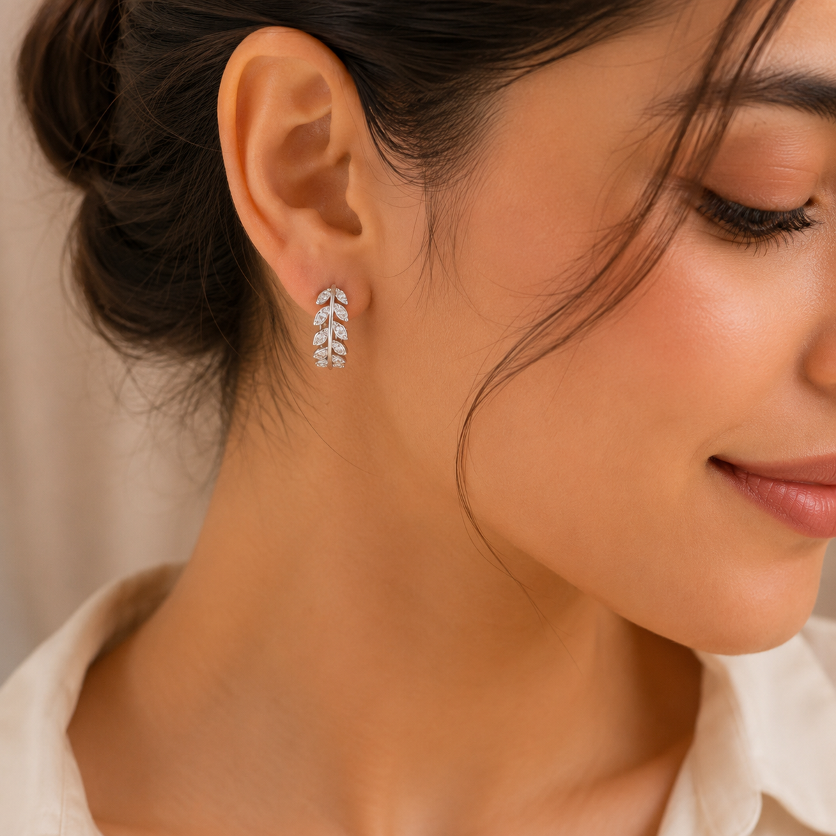 AANYA Olive Leaf CZ Hoop Earrings