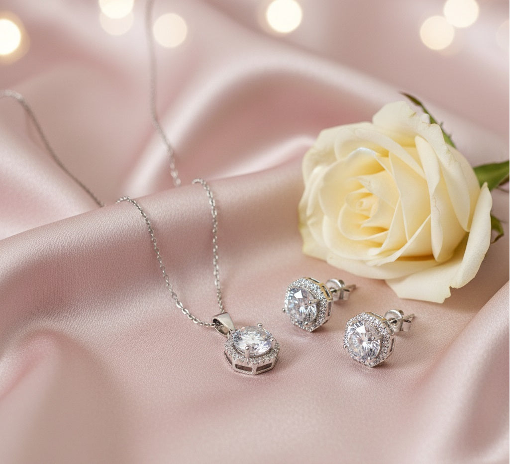 Round Halo CZ Pendant Set