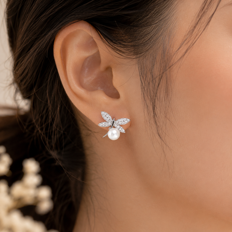 AANYA Pearl Dragonfly CZ Stud Earrings