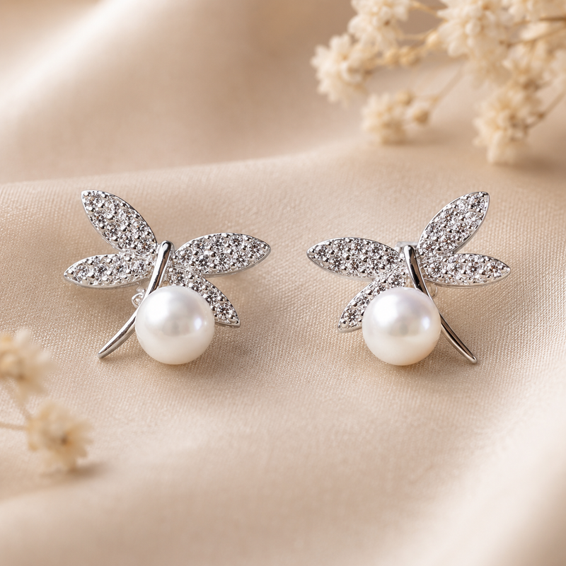 AANYA Pearl Dragonfly CZ Stud Earrings