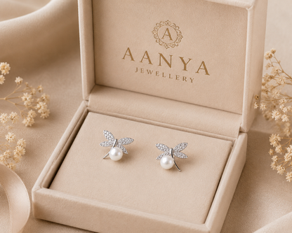 AANYA Pearl Dragonfly CZ Stud Earrings