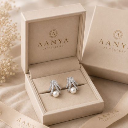 AANYA Pearl Fan CZ Stud Earrings