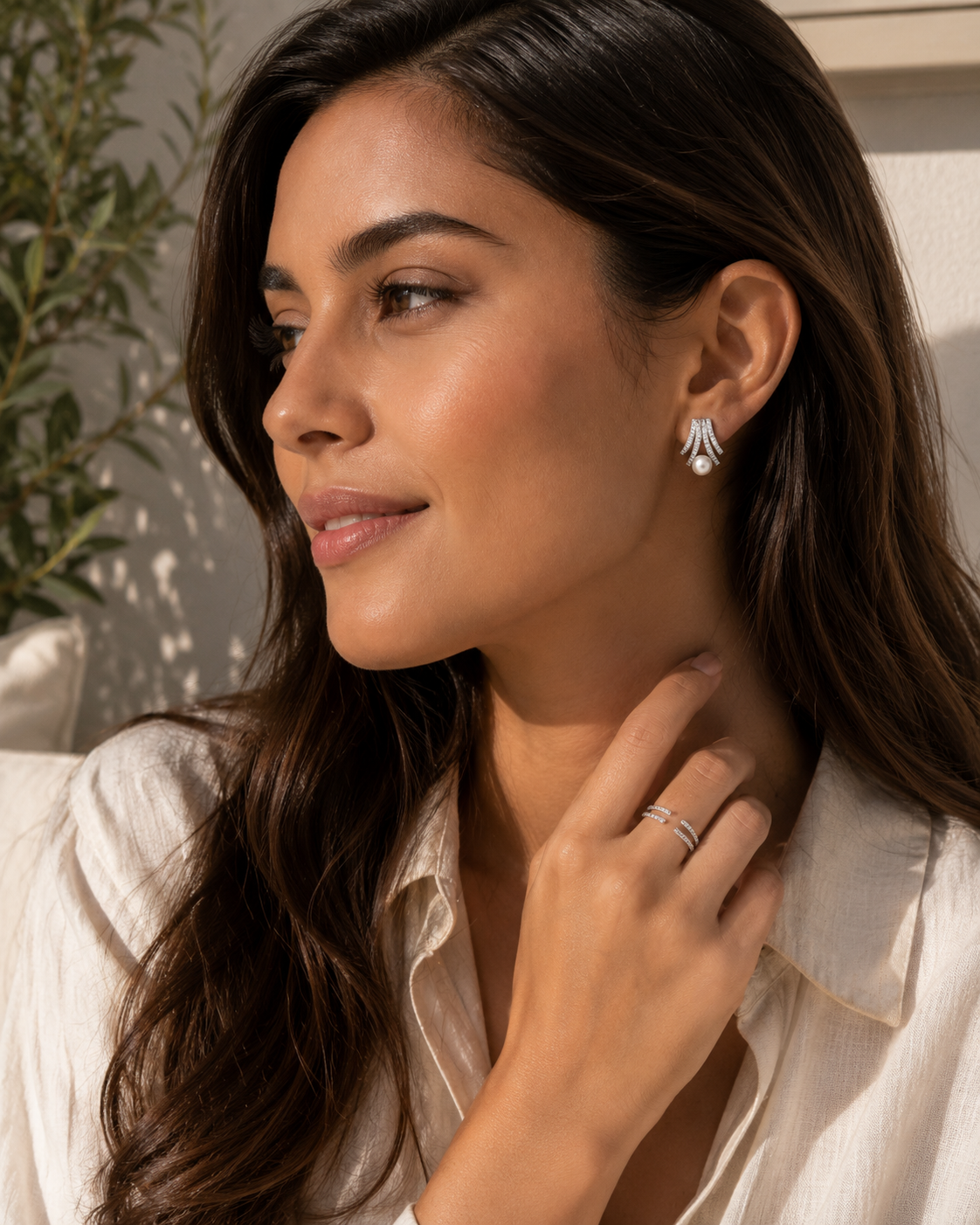 AANYA Pearl Fan CZ Stud Earrings