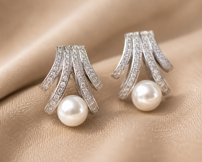 AANYA Pearl Fan CZ Stud Earrings