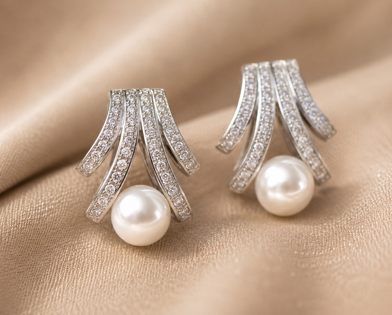 AANYA Pearl Fan CZ Stud Earrings