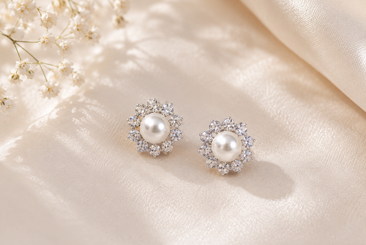 Pearl Halo CZ Stud Earrings