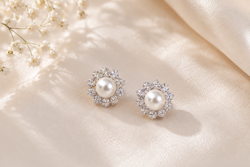 Pearl Halo CZ Stud Earrings