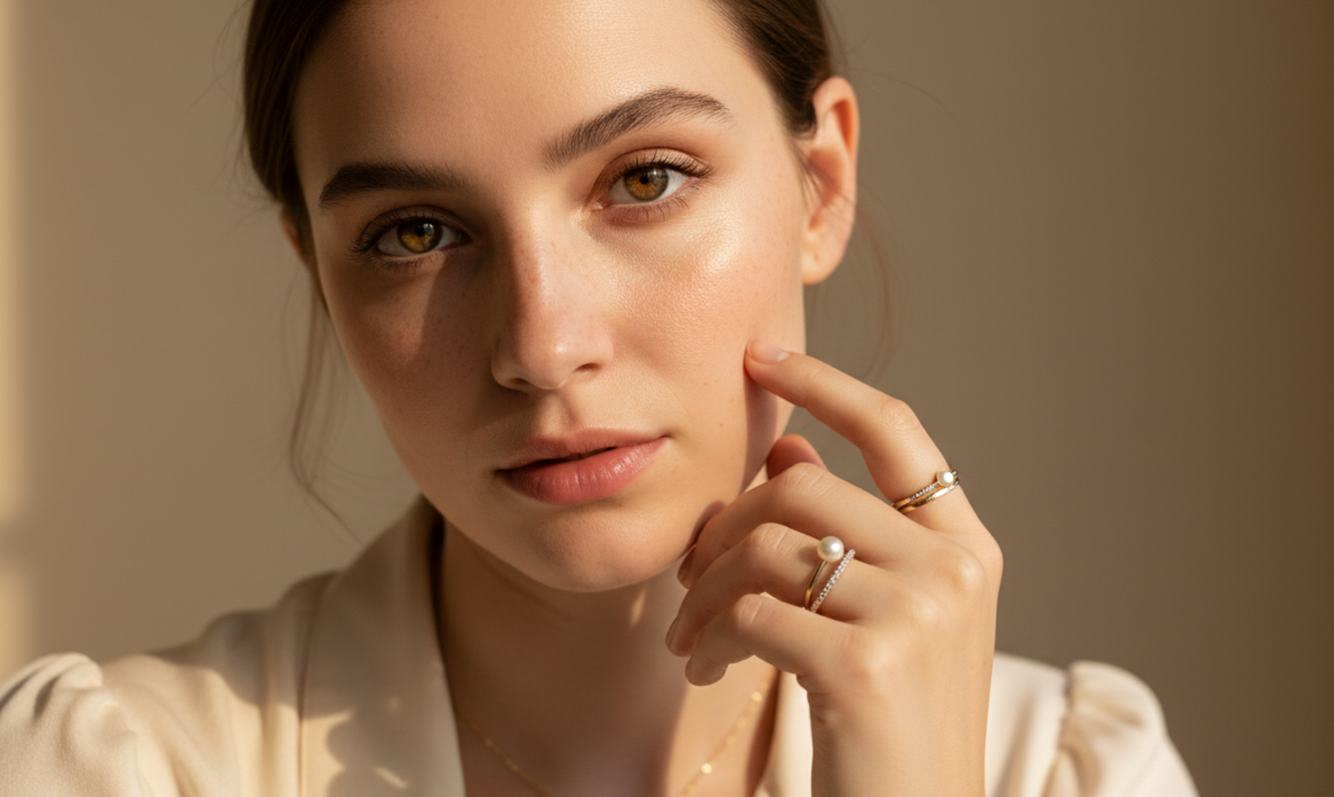 Woman wearing jewelry with a soft focus background