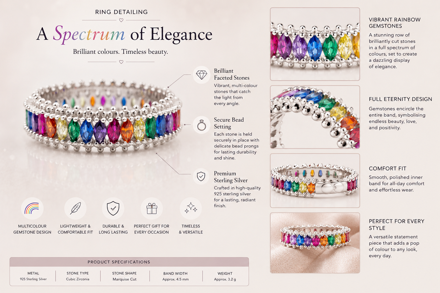 Colorful ring with detailed specifications on a white background