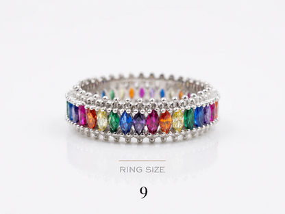 Multicolored gemstone Power Baguette Statement Slim ring on a white background 