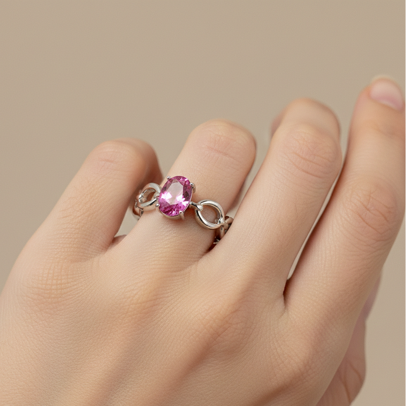 AANYA Pink Oval CZ Link Ring
