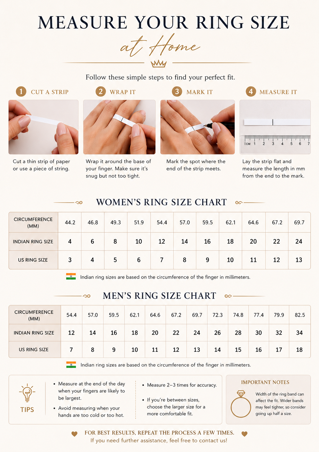 Instructions for measuring ring size at home with a women's and men's ring size chart.