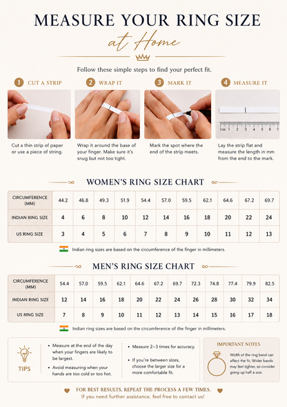 Instructions for measuring ring size at home with a women's and men's ring size chart.