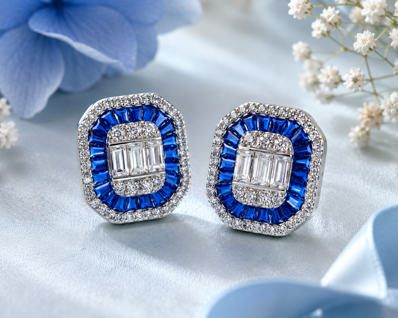 AANYA Royal Blue Cushion CZ Stud Earrings