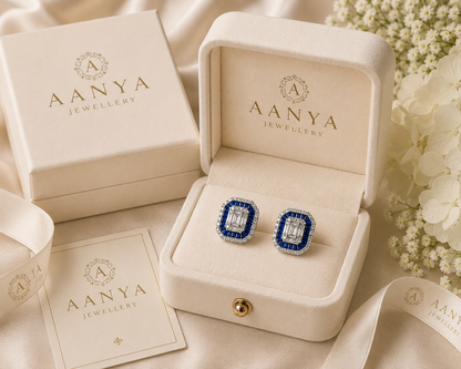 AANYA Royal Blue Cushion CZ Stud Earrings