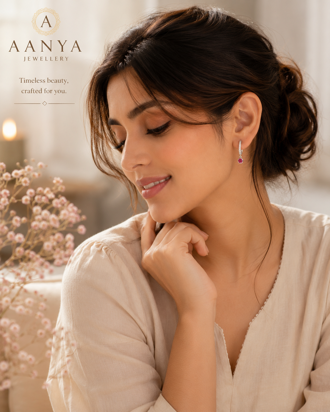 AANYA Ruby Accent CZ Hoop Earrings