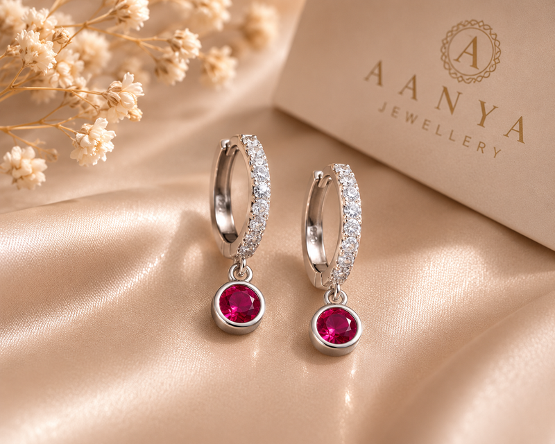AANYA Ruby Accent CZ Hoop Earrings
