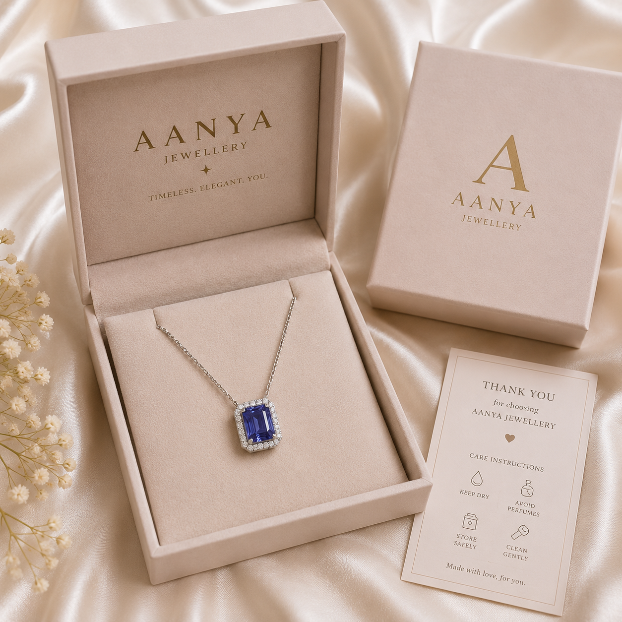 AANYA Tanzanite Blue Solitaire Pendant Chain presented in premium jewellery gift box