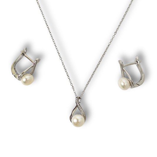 Pearl Curve CZ Pendant Set