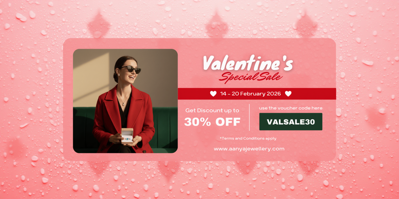 Promotional banner for Valentine's Special Sale with a woman in a red coat and sunglasses, holding a jewellery box.