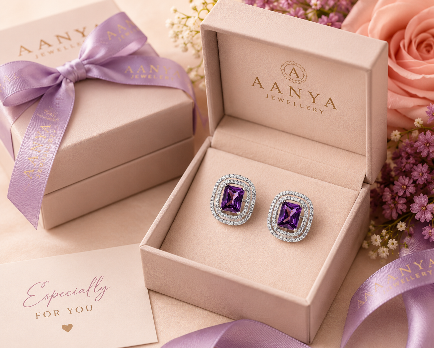AANYA Violet Cushion Halo Stud Earrings