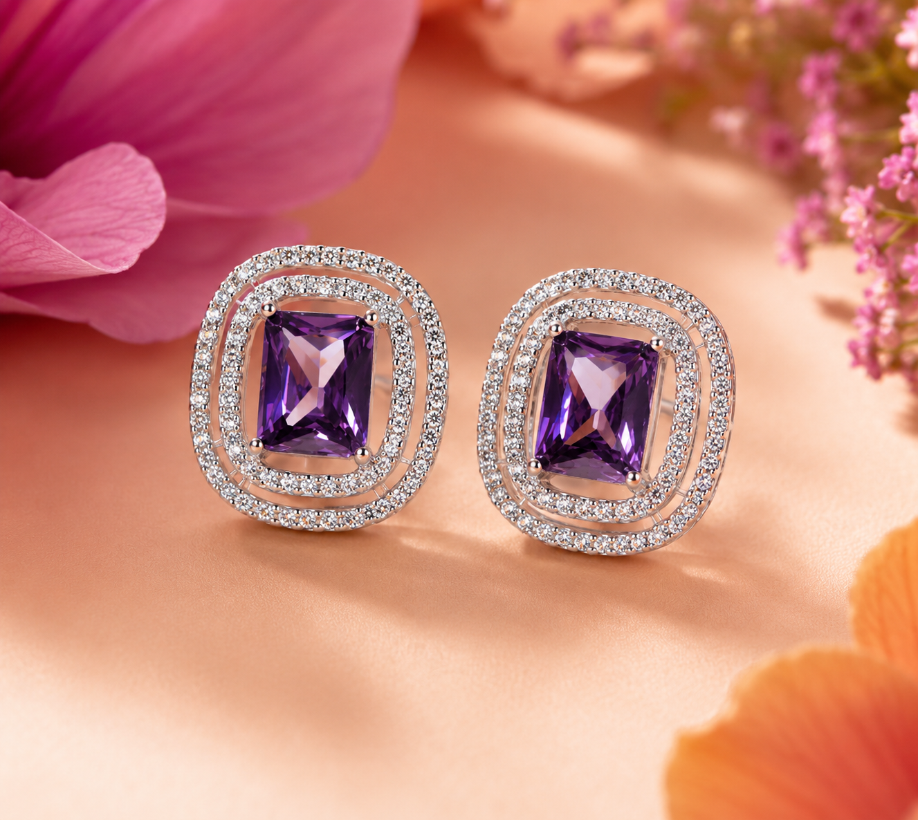 AANYA Violet Cushion Halo Stud Earrings