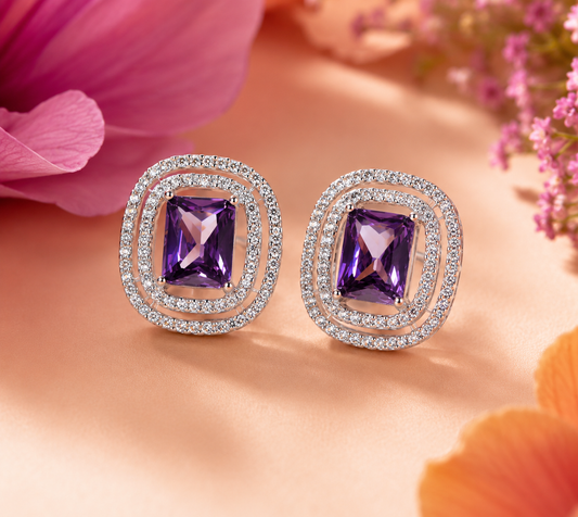 AANYA Violet Cushion Halo Stud Earrings