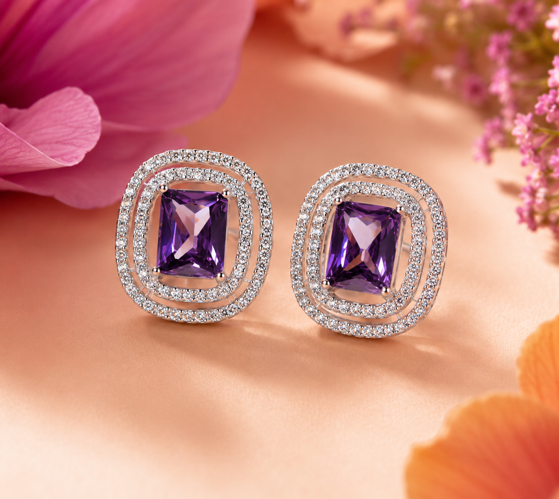 AANYA Violet Cushion Halo Stud Earrings