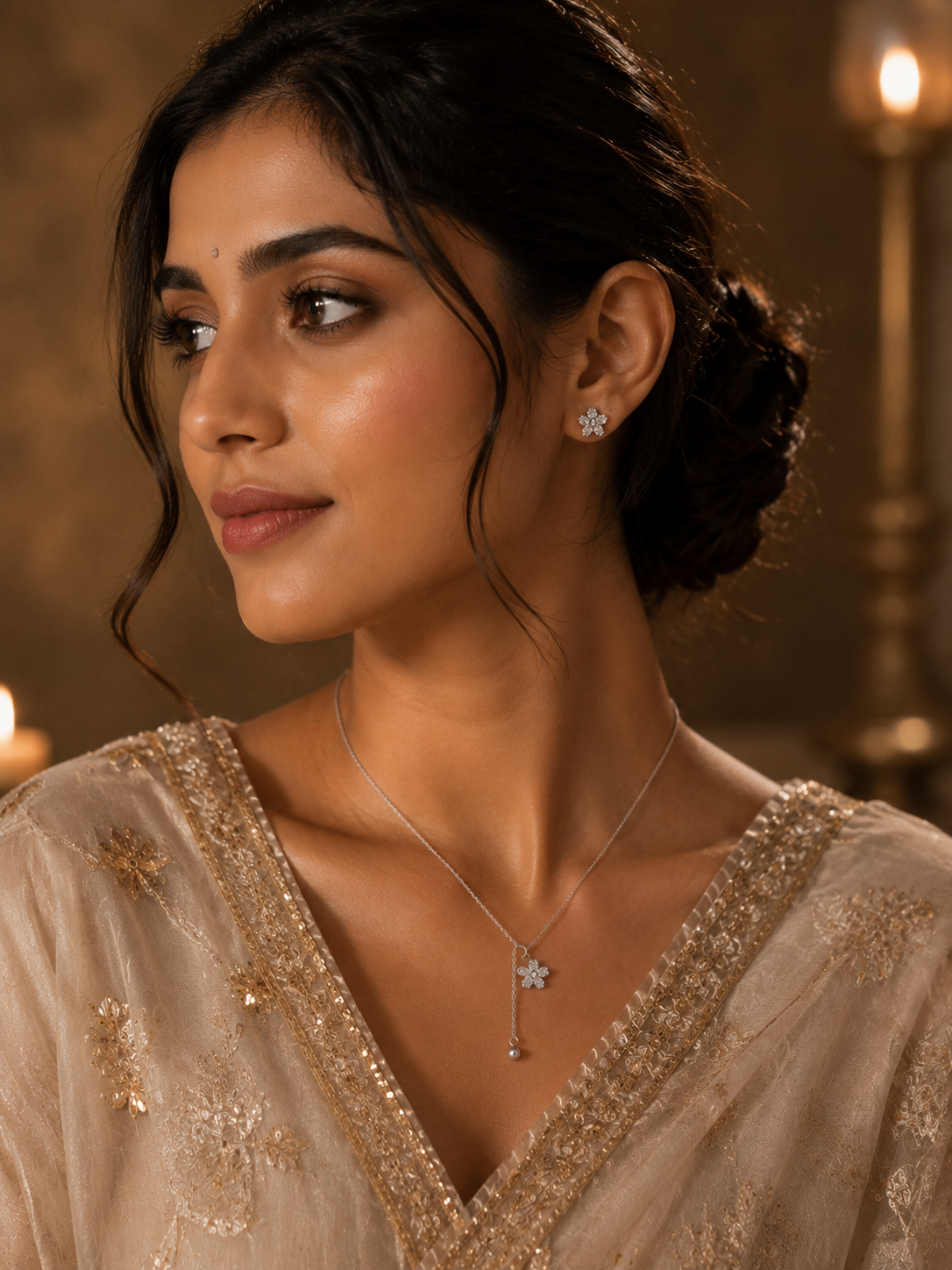 Woman wearing a beaded outfit with jewelry in a warm-toned setting