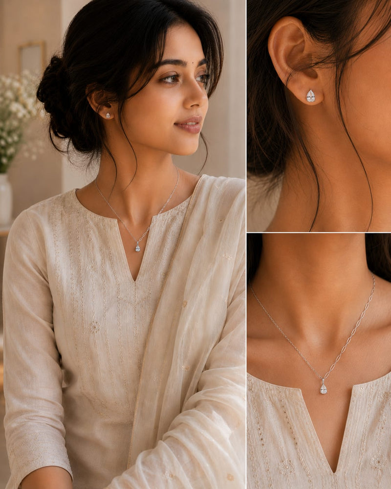 Pear cut crystal necklace and earrings set silver tone