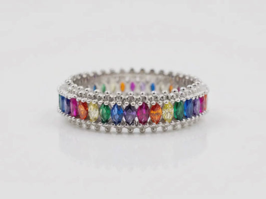Power Baguette Statement Slim Ring in sterling silver with rainbow stones