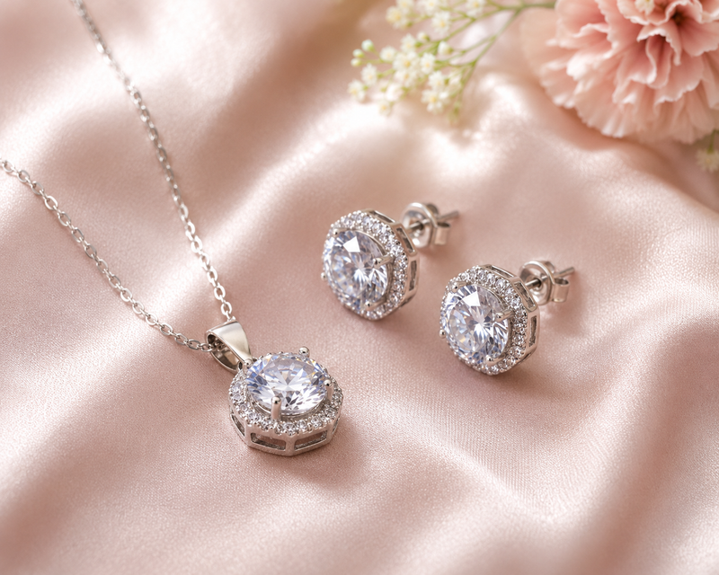 AANYA halo solitaire pendant necklace and matching CZ stud earrings displayed on pink satin with a white rose