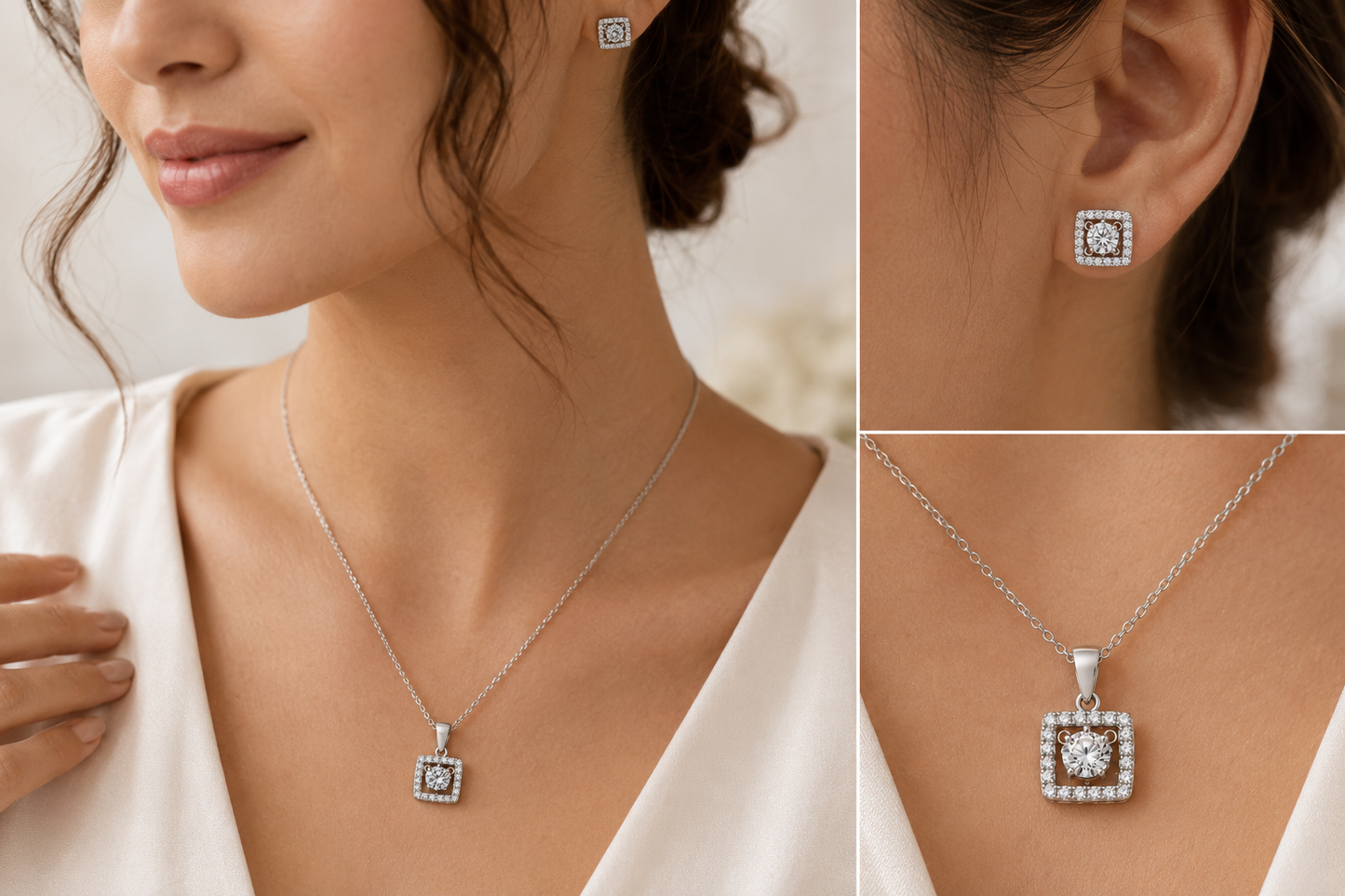 Square halo pendant with sparkling CZ center stone and pavé halo detailing
Square halo stud earrings featuring brilliant center stones and sparkling halo setting
Close-up of square halo pendant and matching earrings showcasing sparkling center stone details
Elegant square halo pendant and earrings styled with modern outfit for everyday luxury and special occasions