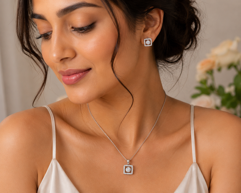 women wearing AANYA Square Halo Sparkle Pendant and matching stud earrings