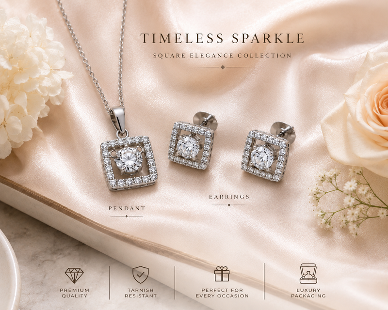 Premium square halo jewellery set displayed on satin fabric with rose accent for gifting