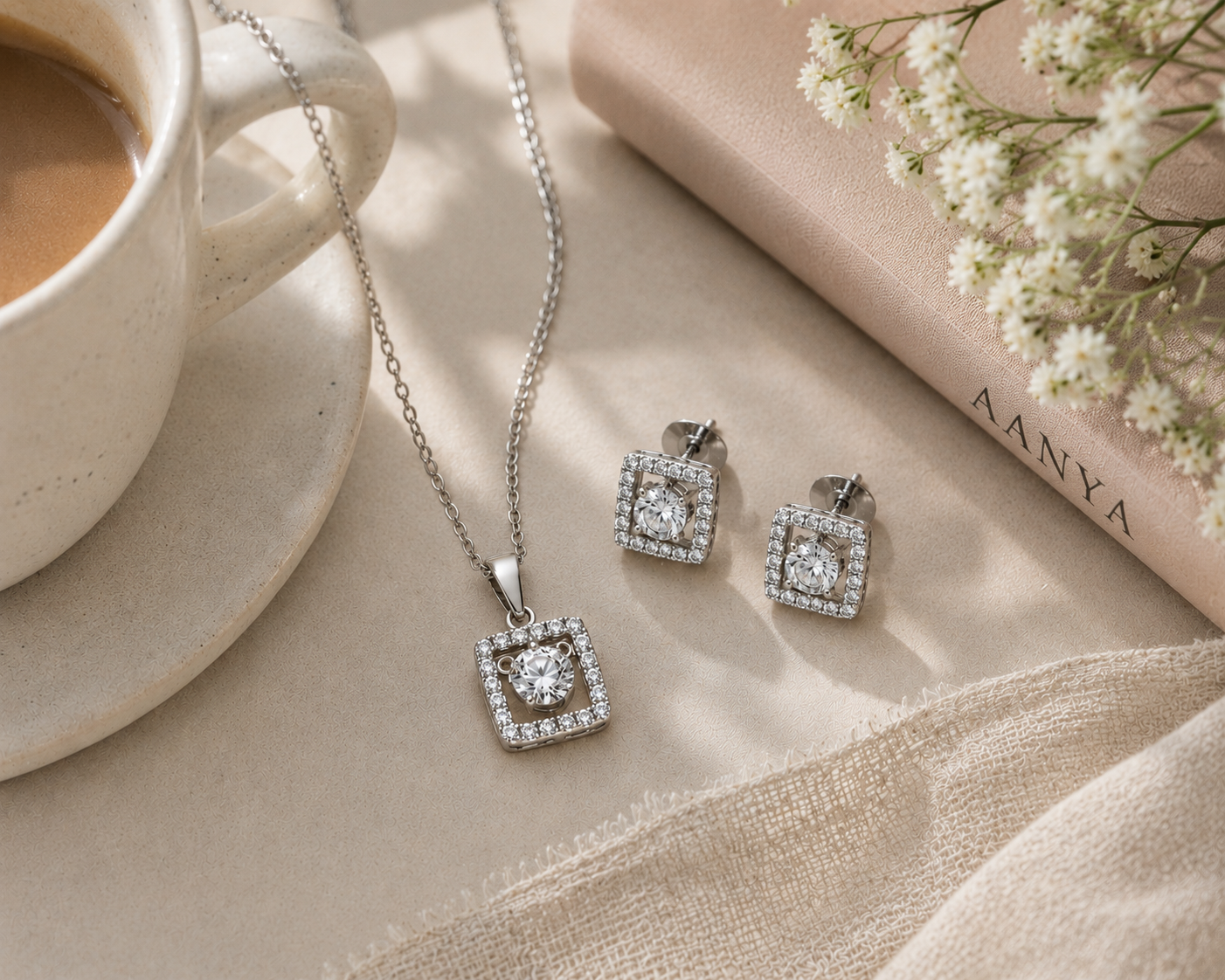 AANYA Square Halo Sparkle Pendant and Earrings Set from the elegant silver jewellery collection