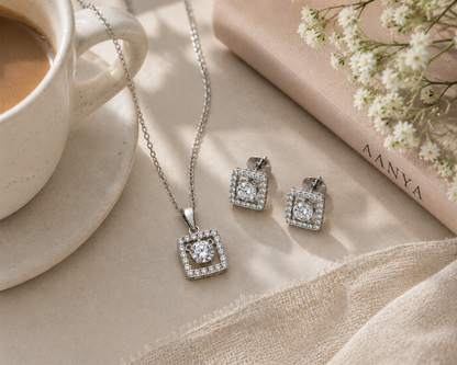 AANYA Square Halo Sparkle Pendant and Earrings Set from the elegant silver jewellery collection